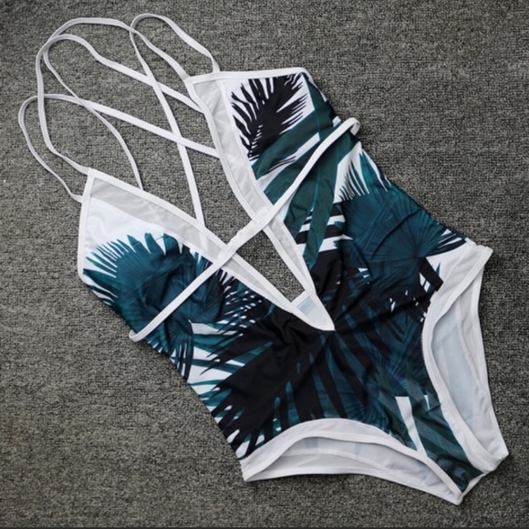 Palm Leaf Print Plunge Monokini - Picture 2 of 6